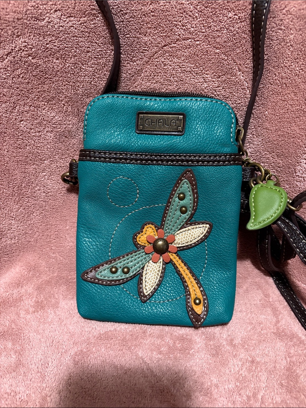 Chala Teal Dragonfly Applique Crossbody Bag with Lime Leaf Charm